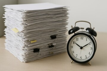 Clock Next to Stack of Documents on Wooden Desk for Time Management and Organization Concept in Office Workspace Setting