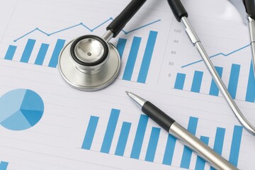 Medical Analysis Stethoscope and Charts on Paper with Pen for Healthcare Statistics and Report Review in Clinical Environment