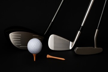 Close-Up Arrangement of Golf Equipment with Ball and Tee Against Black Background for Sports and Leisure Imagery