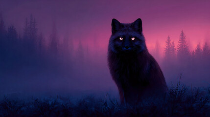 A fox standing in a misty forest with glowing eyes