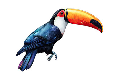 Fototapeta premium A Toucan With A Large Orange Beak Perches On A Branch Against A Colorful Watercolor Background