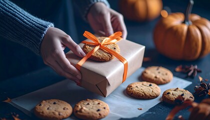 Hands Wrapping Cookies in Orange Ribbon for Halloween Celebration