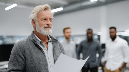 Obraz premium Senior businessman presents ideas confidently while colleagues observe attentively.