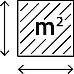 Flat surface measuring symbol with M2 sign. Square meter icon representing land, real estate, room, or house size. Clean linear vector design.
