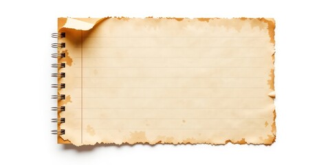 Fototapeta premium Vintage spiral-bound notebook with an open blank page featuring aged, textured paper and ragged, burnt edges, perfect for notes or historical documents.