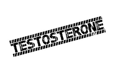 Grunge-style 'TESTOSTERONE' text on a bold white background with white diagonal hazard stripes.