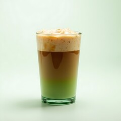 Layered Matcha Latte in Glass, Refreshing Beverage