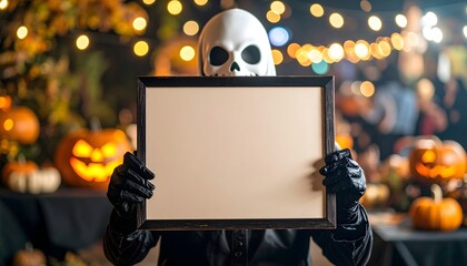Person in Faceless Costume Holding Halloween Menu at Party Event