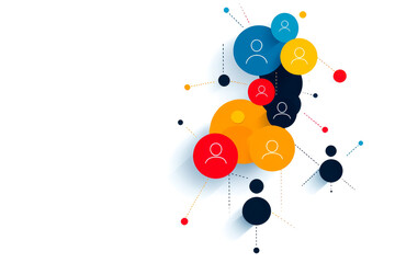 Colorful abstract network of interconnected user icons representing social connections and communication in a digital environment.