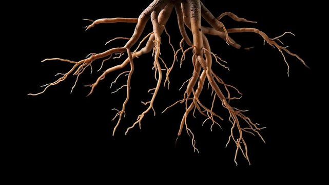  Tree roots growing on black background