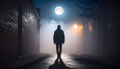 Silhouette Walking into Foggy Alley Under Full Moonlight with Atmosphere