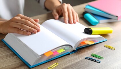 Hands Flipping Through Pages of Textbook with Highlighters and Sticky Notes
