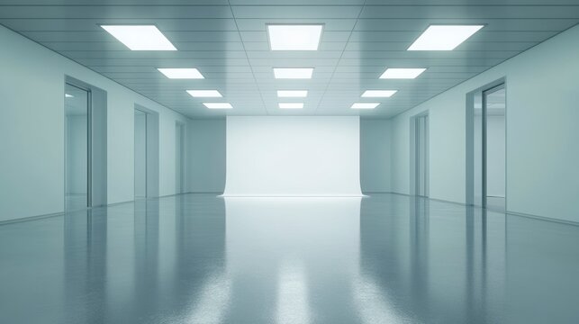 Bright, empty hallway with reflective floor and doors.