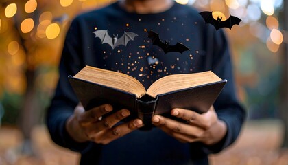 Mysterious Faceless Person with Magic Book and Flying Bats Effect