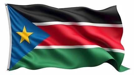 Obraz premium Photorealistic flag of South Sudan with black, red, and green stripes, white separators, blue triangle with gold star. Isolated on white background, realistic fabric texture and folds.