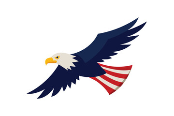 Bald eagle soaring with flag vector art illustration