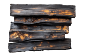 A Close-up Of Five Burnt Wooden Planks Arranged In A Staggered Pattern With A Transparent Background The Planks Have A Charred Black Surface With Some Areas Of Exposed Wood