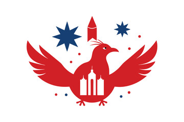 Patriotic bird silhouette with fireworks and landmarks vector art illustration