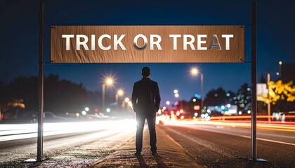 Faceless Figure Under Trick or Treat Banner at Night with Space