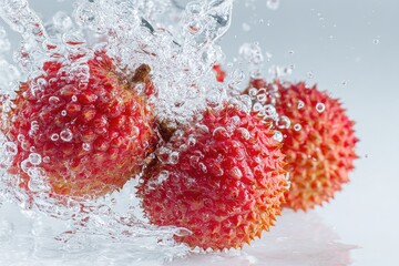 Fresh lychees in water splashes