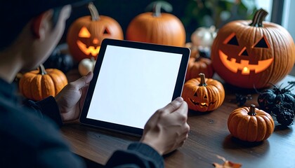 Person Scrolling Through Halloween Costume Ideas on a Tablet