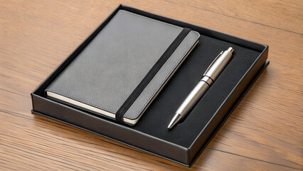 Elegant gray notebook and silver pen set in a black gift box