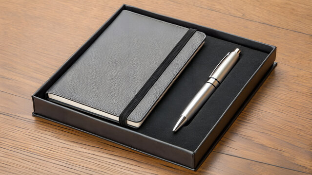Elegant gray notebook and silver pen set in a black gift box - Powered by Adobe