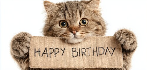 A fluffy tabby cat holding a happy birthday sign with its paws on a white background in a studio shot