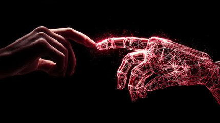 A human hand touching a glowing, red, wireframe digital hand, symbolizing artificial intelligence, connection, and creation.
