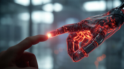 A human hand touching a glowing, red, wireframe digital hand, symbolizing artificial intelligence, connection, and creation.
