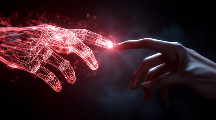 A human hand touching a glowing, red, wireframe digital hand, symbolizing artificial intelligence, connection, and creation.
