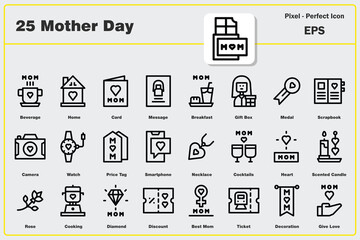 Mother Day icon set. Editable Stroke Icon Collection. picture, mom, letter, price tag, ticket, train, flower, rose, diamond. Outline icons, icon, icon pack, vector collection.