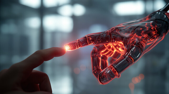 A human hand touching a glowing, red, wireframe digital hand, symbolizing artificial intelligence, connection, and creation.
