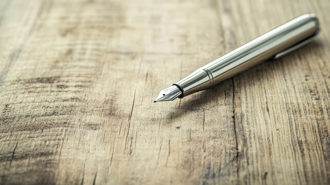 Metallic pen rests on rustic wood