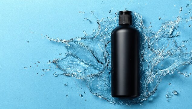 Black bottle in water splash on blue background