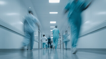 Blurred medical staff rushing through a hospital corridor, conveying urgency and dynamic activity.
