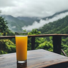 A glass of citrus juice on a wooden table, overlooking misty mountains