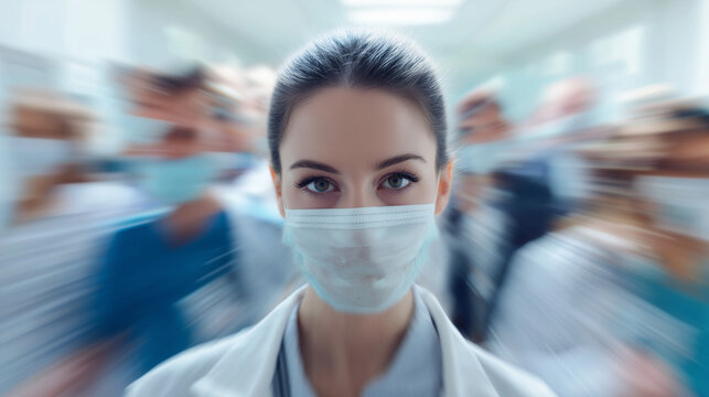 A focused female doctor in a face mask looks directly at the viewer with a blurred, rushing hospital corridor and medical staff in the background.
