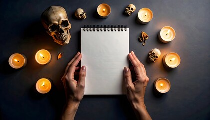 Faceless Hands Arrange Candles Around Skull and Blank Notebook