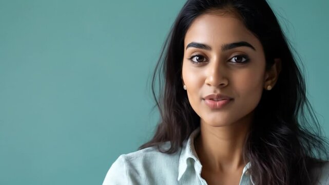 Serene woman gazes downward against soft teal backdrop
