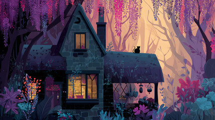 flat illustration of a witches cozy cottage deep