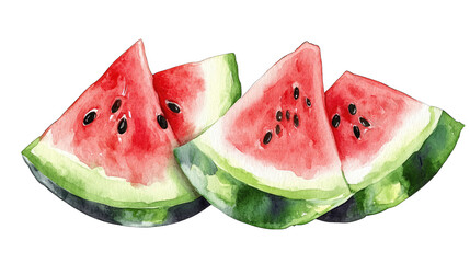 Watercolor Illustration Of Three Slices Of Juicy Red Watermelon With Black Seeds Isolated On A Transparent Background