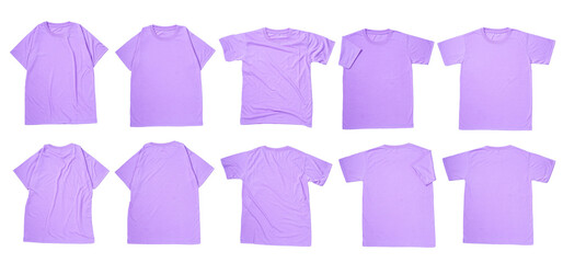 Set collection of blank purple lilac t shirts mockup for design isolated on transparent background