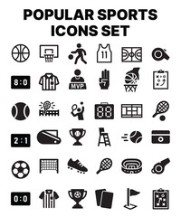 Complete vector icon set of popular sports. Includes tennis, football, basketball elements in modern stroke-style. Ideal for apps, infographics, and branding.