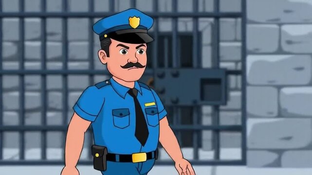 Cartoon Prison Guard at Jail Bars A vibrant cartoon illustration of a stern prison guard in a blue uniform standing in front of jail bars, with a gray stone cell in the background. Perfect for law 