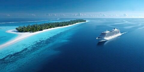 Aerial view of a luxurious cruise ship sailing through crystal-clear turquoise waters near a tropical island with lush greenery and white sandy beaches, showcasing a serene vacation atmosphere