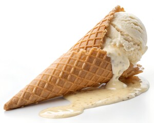 ice cream cone "Melting Vanilla Ice Cream Cone on White Background