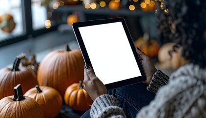 Faceless Person Holding iPad Surrounded by Halloween Decorations