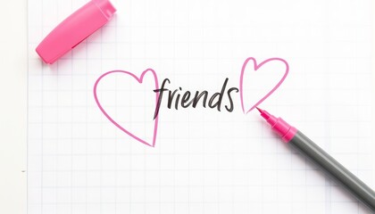 Doodles of hearts surrounding the word 'friends' on notebook paper  