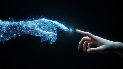 A digital representation of a human hand reaching out to a digital or robotic hand, symbolizing the connection between humanity and technology.